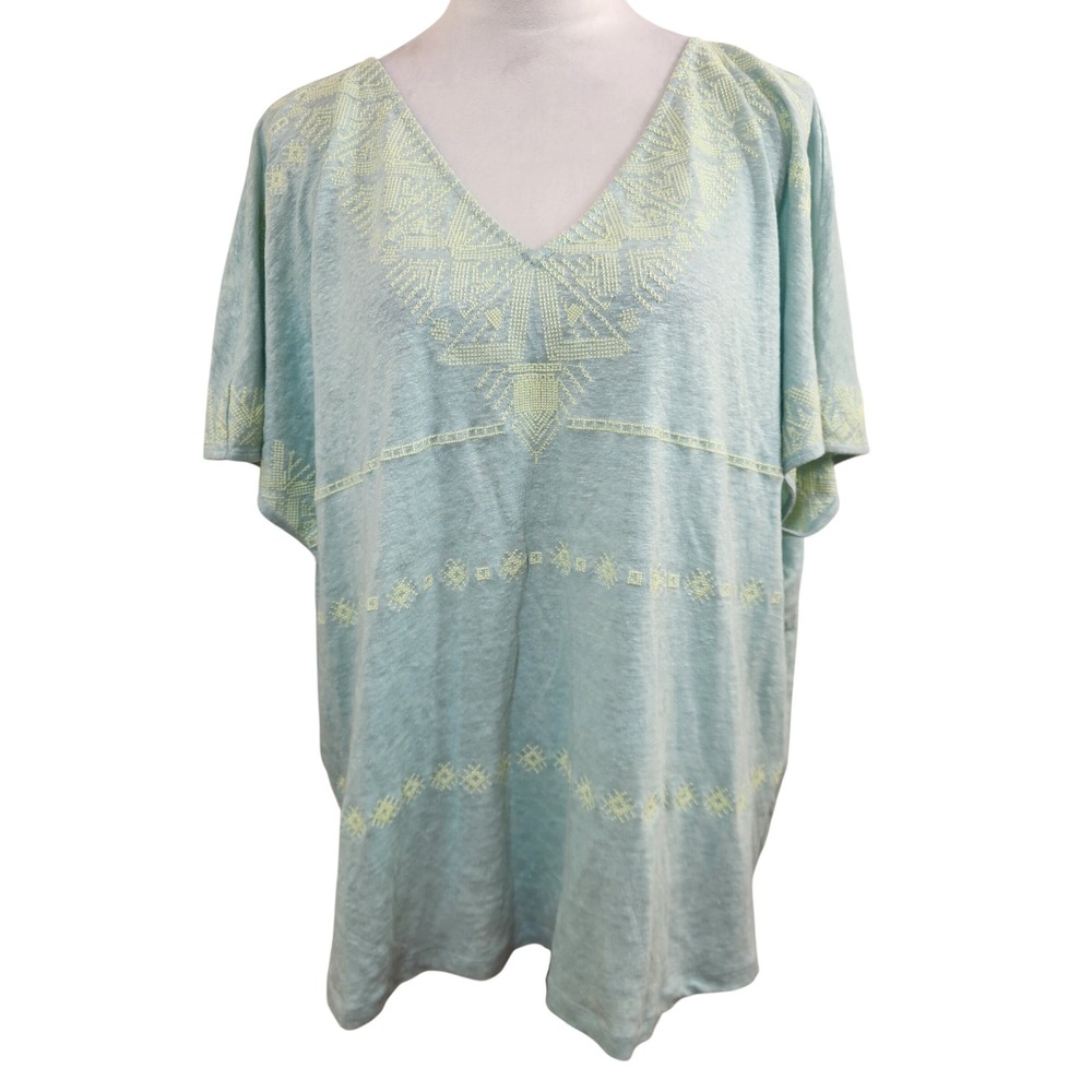 Sundance XL Linen Embroidered Top Womens XL Light Green Western Beachy Tee Shirt